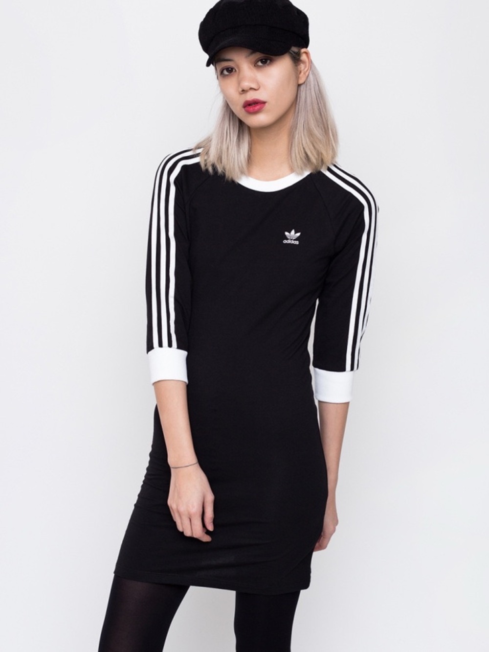 Adidas women's bodycon 3 stripes black midi dress size L 93% cotton 3/4 sleeves